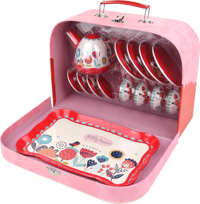 Kiddie Play Tea Set for Little Girls, Pretend Play Tea Party Set, Floral Design Kids Tin Tea Set with Carrying Case (15 Pcs) - Image 2